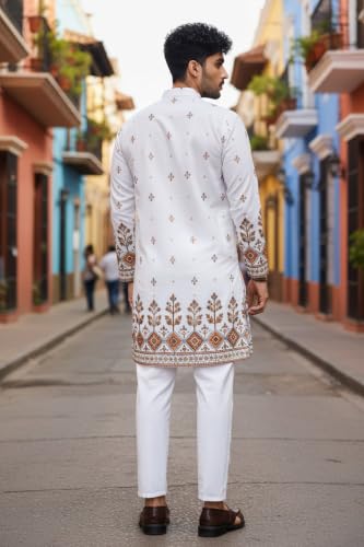 Image of Trustous Men's White Printed Kurta | Stylish Ethnic Wear Kurta for Men | Regular Fit Traditional Kurta | Festive, Wedding, Party & Casual Wear