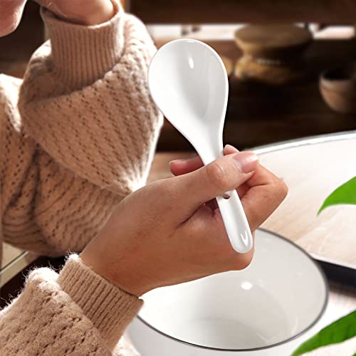 Wareland Soup Spoons, White Ceramic Spoons Set Of 6, Chinese Soup Spoons, 6.75 Inch Ramen Spoons, Pho Spoons For Cereal, Noodles, Stews, Wonton, Dumpling, Miso, Deep Oval Hook Design, Dishwasher Safe #TOP4