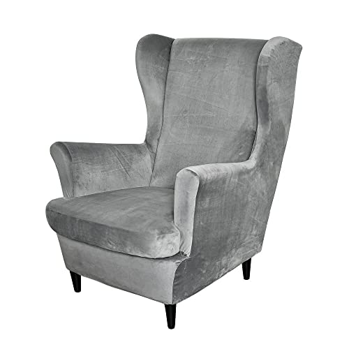 OBCREAT Wingback Chair Covers,2 Piece Stretch Velvet Wingback Chair Slipcover Soft Wing Chair Sofa Covers with Elastic Bottom,Armchair Couch Cover Furniture Protector for Living Room (Grey)