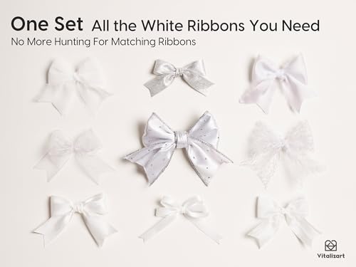 Vitalizart Luxury White Ribbon 40 Yards, 9 Textures & Sizes Chiffon, Satin, Organza, Grosgrain Gift-Wrapping, Crafts, Wedding Bouquets, Christmas & Holiday Bows