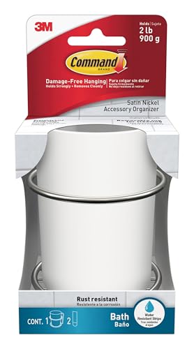 Command Accessory Organizer, Holds up to 2 lb, 3.36' x 3.78' x 4.4' Organizer with 2 Medium Water-Resistant Command Strips, Satin Nickel, Damage Free Bathroom Organization