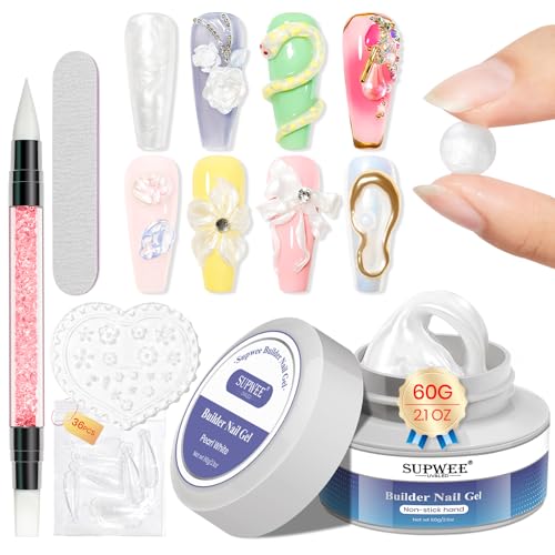 Solid Builder Gel Pearl White 60g/2.1oz, No Stick Hand 3D Hard Gel for Nail Sculpting & Art, Nail Extension & Carving, 5D Ribbon Bow Designs
