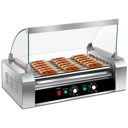 LDAILY Hot Dog Roller, 7 Rollers 18 Hot Dogs Capacity with Dual Temp Control, Removable Stainless Steel Oil Drip Tray & Glass Hood Cover, Non-Stick Commercial & Household Sausage Grill Cooker Machine