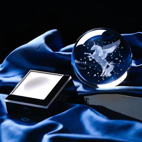 Image of 3D Unicorn Crystal Ball Snow Globe Gifts for Women, Laser Etched Unicorns Night Light Decor for Girls Bedroom for Adults or Girls