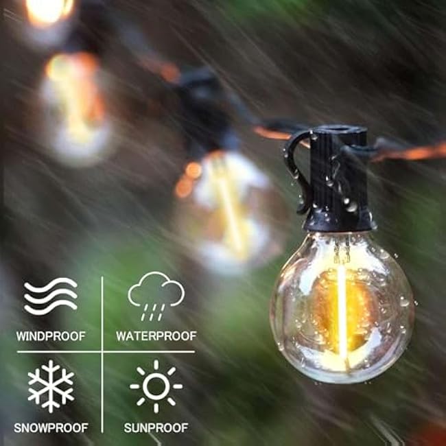 SUNTHIN 50ft Solar String Lights, USB Rechargeable Solar Outdoor Lights with 24 Waterproof & Shatterproof G40 LED Bulbs for Patio, Porch, Garden, Deck, Bistro, Cafe, Camping