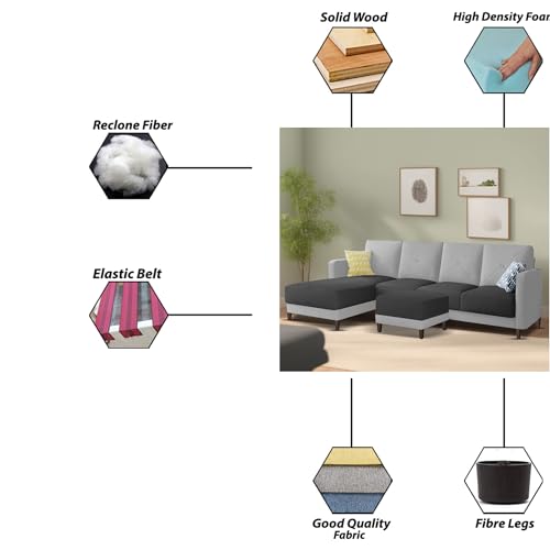 Image of Baloney LHS 6 Seater L Shape Sofa Set with Center Table for Living Room (Black Grey Fabric) Premium Fabric Sofa