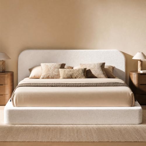 Image of RECCI Airframe Bread Queen Curved Cloud Platform Bed Frame | Fully Cushioned Foam Rectangular Panels and Rounded Headboard, Easy to Assembly, Cream Plush Velvet for Aesthetic Bedrooms
