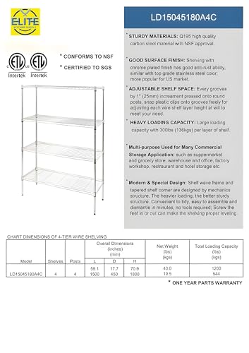 Elite Kitchen Supply Commercial Chrome Wire Shelving Rack, All Stainless-steel Heavy Duty 4 Tier Wire Shelf H71xW60xD18, for Storage ETL