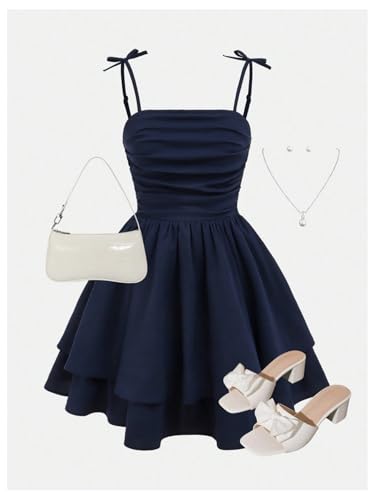 Image of SHENHE Girl's Smocked Ruched A Line Swing Dress Layered Tie Shoulder Flowy Cami Short Dress
