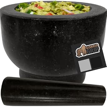 Gorilla Grip Heavy Duty 100% Granite Mortar and Pestle Set, Slip Resistant Foam Base, Grind Spice and Herbs, Stone Molcajete Bowl for Guacamole, Salsa, Garlic Crusher Kitchen Tool, 2 Cup, Black
