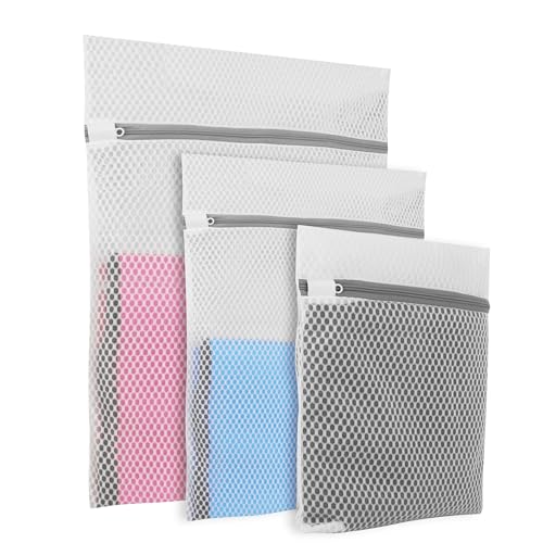 Meuvo Mesh Laundry Bags for Washing Machine – Durable Washing Bags for Laundry, Delicates Wash Bag with Elastic Zipper Protector, Net Laundry Bags for Socks, Bra and T-Shirts, White, Pack of 3
