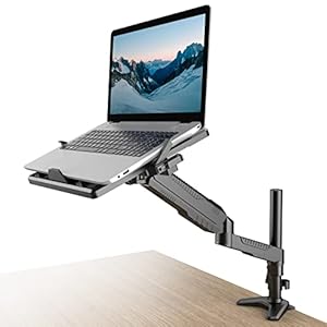 Gas Spring Laptop Mount with Adjustable Tray – Klearlook 2in1 Full Motion Monitor Laptop Stand Mount,Fully Adjustable Extension Arm Mount with 75×75/100x100mm VESA Plate,Clamp-on and Grommet Mounting