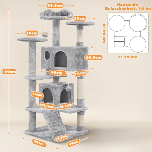Miniatura 7 de Yaheetech Árbol Rascador Para Gatos 139cm Con 3 Plataformas 2 Nidos 2 Pompones Torre De Escalador Con Postes En Sisal Ideal Para 3-4 Gatos Gris Claro