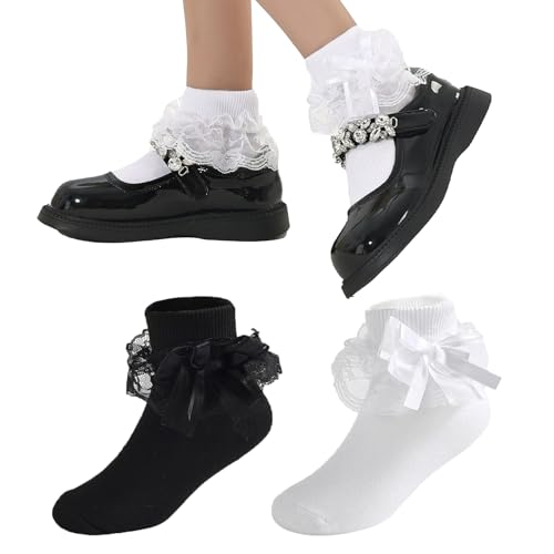 WEIDUAINI Baby Girls Socks Black and White Turn Cuff Lace Bow Ruffle Socks for Kids and Infants Toddlers (White Black 8-10 Years)