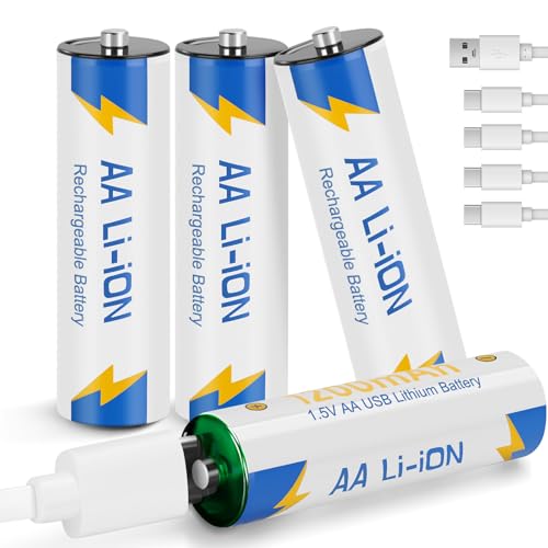 USB Wiederaufladbare AA Lithium Akkus 4 Stück, 1,5V Wiederaufladbare Batterien AA 1200mAh/ 1800mWh, mit 4-in-1 Ladekabel, für Xbox, Spielzeug