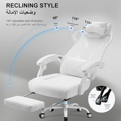 GTPLAYER #1USA Ergonomic Gaming Chair with Footrest, Mesh Back Computer Desk Chair with Recline, Adjustable Headrest & Lumbar Support, Mech Design Video Game Chair for Home, Study & Office (White)