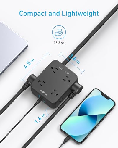 Anker Surge Protector Flat Plug Power Strip 2000J, 10ft Thin Extension Cord, 8 Outlets,2 USB A and 1 USB C Port,20W for iPhone15,Wall Mount,Compact for Home,Office,Room,TUV Listed