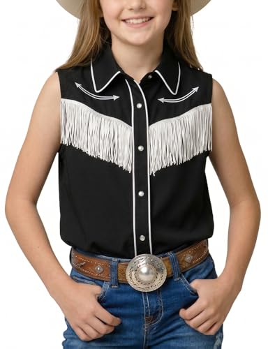 Spring&Gege Girls Western Smile Embroidered Fringe Shirt Cowgirl Pearl Snap Button Down Sleeveless Blouse Tops, Black, 4 Years