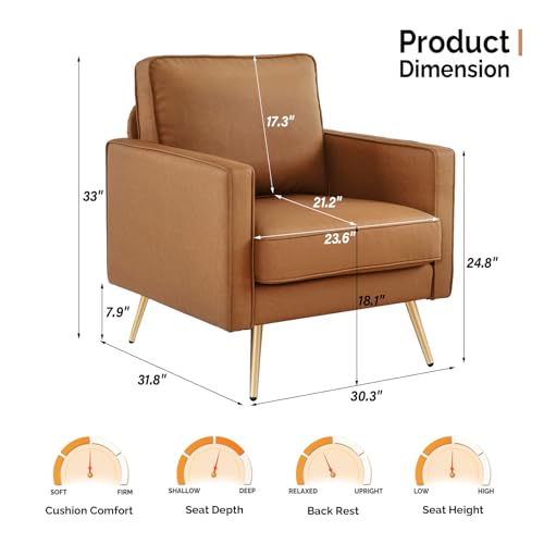 Image of VINGLI Modern Accent Chair, Upholstered Faux Leather PU Armchair with Thick Cushion & Metal Legs, Comfortable Reading Chair for Living Room, Bedroom, Office, Green