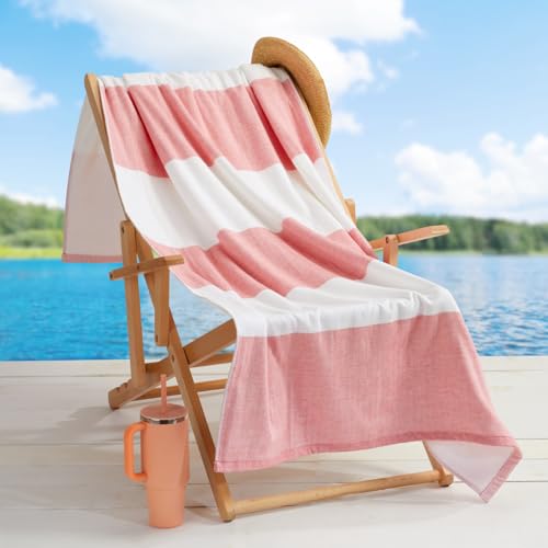 Loon & Lake Luxury Block Stripe Beach Towels - 2 Pack | Oversized 36" x 72" | Crafted from 100% Combed Cotton | Plush and Absorbent Beach Towel | Fouta & Terry | Balch Collection - Coral