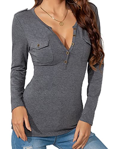 Zilcremo Women's Long Sleeve Henley T Shirts Button Down Slim Fit Basic Top Tee V Neck Knit Shirts Grey S