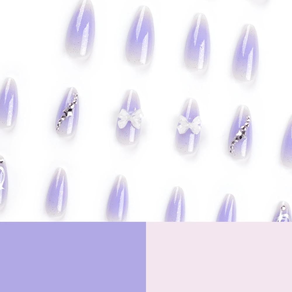 24pcs Silver Stripes Long Almond Fake Nails Stars Diamond Decoration Purple Press On False Nails DIY Manicure(Y1)
