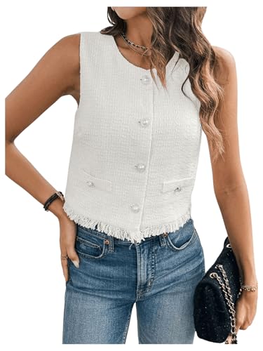 GORGLITTER Women's Tweed Blazer Vest Sleeveless Fringe Pearl Button Vest Jacket Business Casual Work Vest Tops 2025