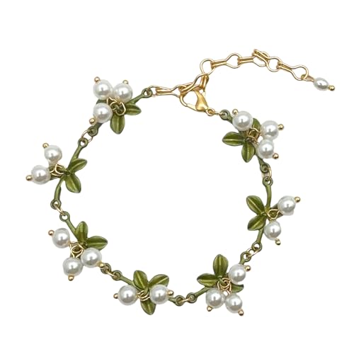 Cualque Pulsera de lirio del valle con pintura verde, hojas de lirio del valle, joyería de perlas de agua dulce, pulsera vintage para mujer y novia