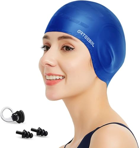 Blackace arteesol Swimming Cap Women Swimming Hat Silicone Swim Cap Swim Hat Waterproof Cap, 3D Ear Ergonomic Design, Anti-Slip Long Hair, Swimming Cap for Women
