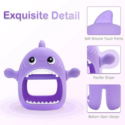 Image of Cute Shark Teething Mitten Toy for Babies, Never Drop Silicone Baby Teether, Hand Pacifier for Babies to Suck and Chew, (Purple)