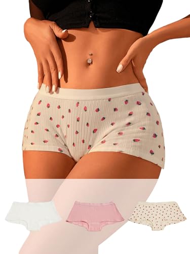 SweatyRocks Women's 3 Piece Strawberry Print Low Rise Boyshorts Panties Seamless Boxer Briefs...