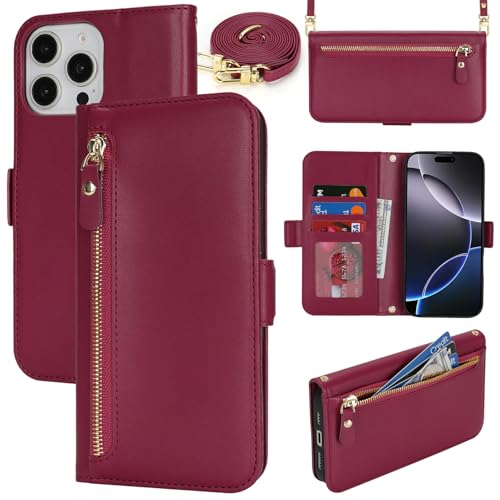 Lipvina for iPhone 16 Pro Max Wallet Case for Women,Zipper Pocket,PU Leather Phone Case Stand flip Cover Crossbody Lanyard Strap Zipper Credit Card Holder Slots for Apple 16 ProMax,Wine Red
