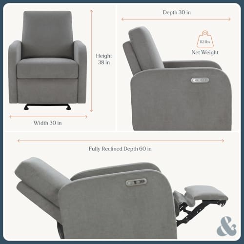 Image of Nurture& The Porto Power Glider Recliner for Nursery | Modern Glider Chair with Power Recline | Built - in USB Charging Port | Space-Saving Design for Small Nurseries and Shared Spaces, Grey