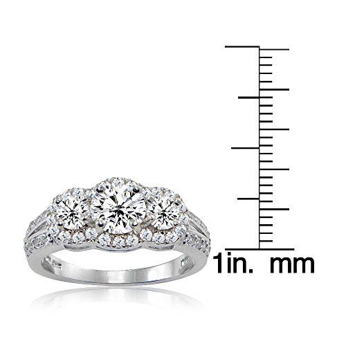 Hoops & Loops Sterling Silver Three Stone Cubic Zirconia Halo Bridal Engagement Ring2
