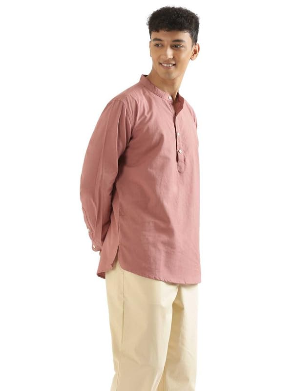 Image of SAADAA Men's Short Kurta - Linen Cotton Blend, Airy Fabric, Regular Fit, Mandarin Collar, Solid Color - Casual, Festive & Ethnic Wear