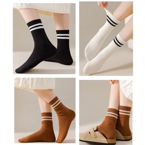 Image of Deeorla Womens Striped Crew Socks Brown Vintage Retro Athletic Socks 5 Pairs