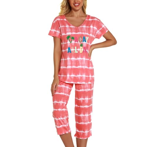 Lu's Chic Women's Cute Pajama Set Cotton Capri Loungewear Soft Short Sleeve Pjs Comfy Pants Lounge...