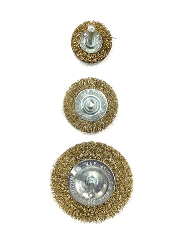 Image of Jon Bhandari Tools 3pc Steel Wire Brush Set with Brass Coating & Spindle - Drill Attachment Wire Wheels for Rust, Paint & Corrosion Removal - Heavy Duty Rotary Brush Kit for Metal Cleaning