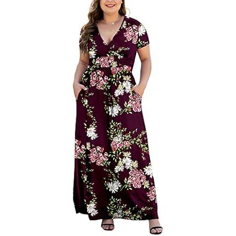 HAOMEILI Womens Short Sleeve Plus Size Maxi Dress Casual V Neck Dresses with Pockets XL-Floral Wine Cover