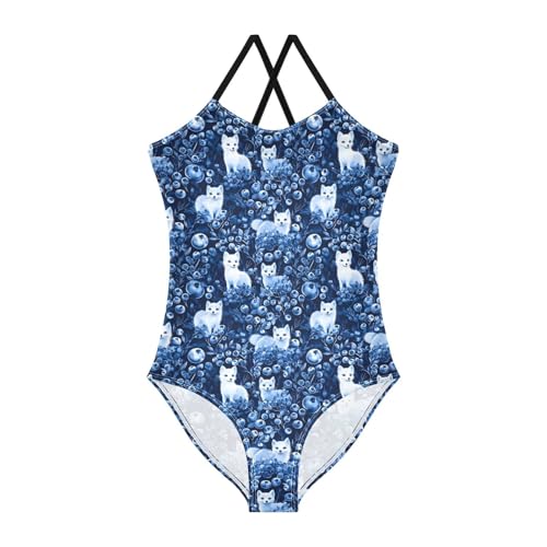 White Fox Blueberries Girls Swimsuits Quick Dry Crossback One Piece Beach Swimwear Bathing Suit, 3T