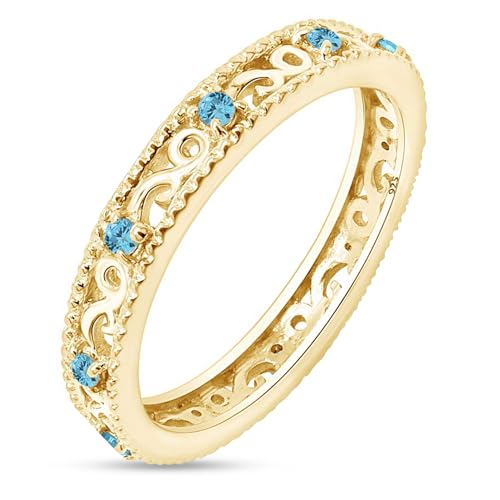 Filigree Eternity Wedding Band Ring for Women Aquamarine 925Y Silver,9