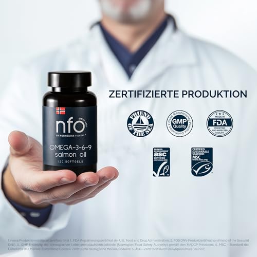 NFO Omega 3-6-9 Salmon Oil – 120 Mini Kapseln | Norwegisches Wildlachsöl in Triglyzeridform | Mit EPA DHA DPA | All-in-One Omega Komplex | Made in Norway