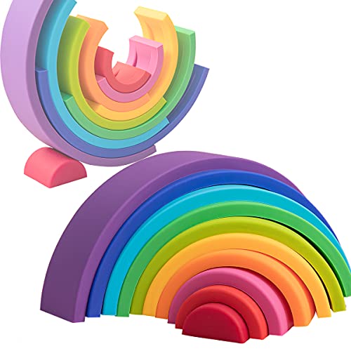 Rainbow Stacking Toy 10 Layer Arch Shape Silicone Nesting Puzzle Blocks Baby Stacking Toy Montessori Baby Toy For Kids 0-3 Years Old Teether Gifts For Toddlers (Colorful Rainbow) #TOP19