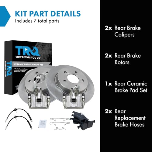 Image of TRQ Rear Brake Pad and Rotor Set Ceramic Rotors Calipers Hoses Compatible with 2012-2016 Ford Focus