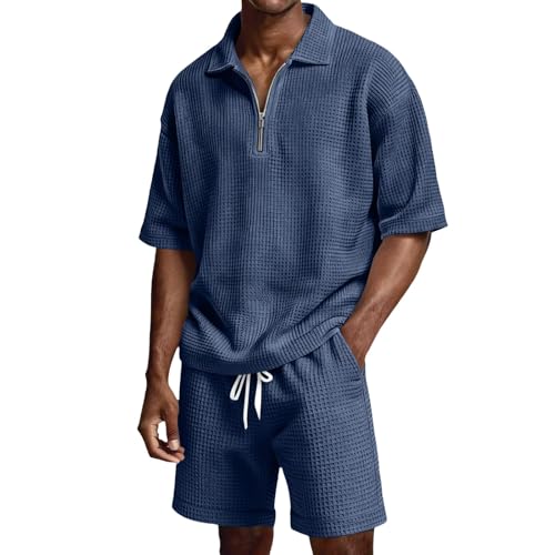 Ensemble polo demi-zip et short respirant en tissu gaufre pour homme