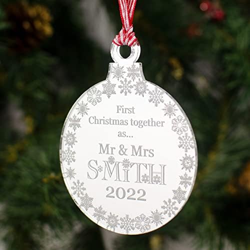 Rustic Charm Christmas Tree Decoration Personalised Mirrored Acrylic Bauble. 1st First Xmas Together for Married Couple, Gift With Engraved Surname. Snowflakes Decor.