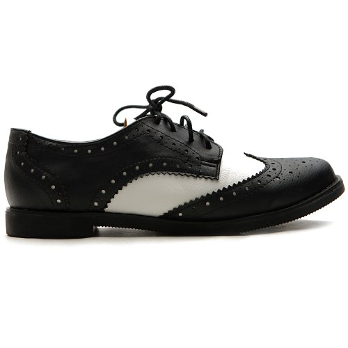 Ollio Women's Flat Shoe Wingtip Lace Up Two Tone Oxford M2913(7 B(M) Us, Black) #TOP1