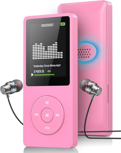 64GB MP3 Music Player with FM Radio and Voice Recorder, Ultra Slim Music Player with Video Play Text Reading and Build-in Speaker Support up to 128GB, Earphone and Storage Case Included - Pink