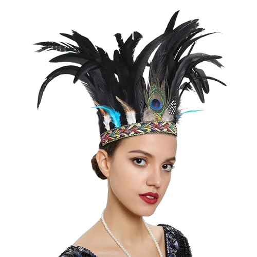 OhMill Halloween African Headwear Indian Feathered Headband African Chieftain Hat Headpiece Stage Show Props Christmas Easter Halloween Party Cosplay Fancy Dress Adults Kids (Peacock) - Image 3