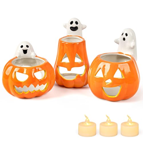 AELS Halloween Pumpkin Tealight Holders – Set of 3 Ceramic Jack O' Lantern Candle Holders with Ghosts, Spooky Sculptures Ghost Figurines, Indoor Tabletop Decorations for Holiday Party Home
